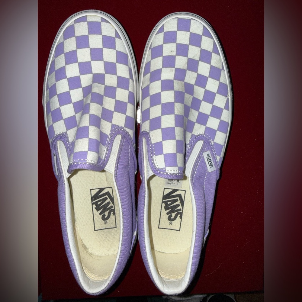 Vans Purple and White Checkered Slip-Ons